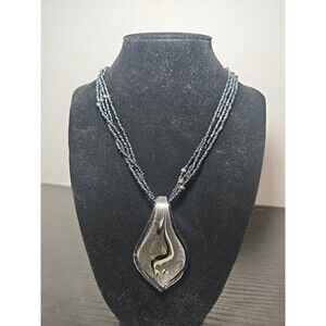 Women's Multi-Strand Black Bead Necklace with a Large Teardrop-Shaped Glass Y2K